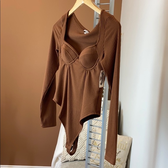 Rust Brown Rib Stretch Support Cup Bodysuit - Picture 2 of 4
